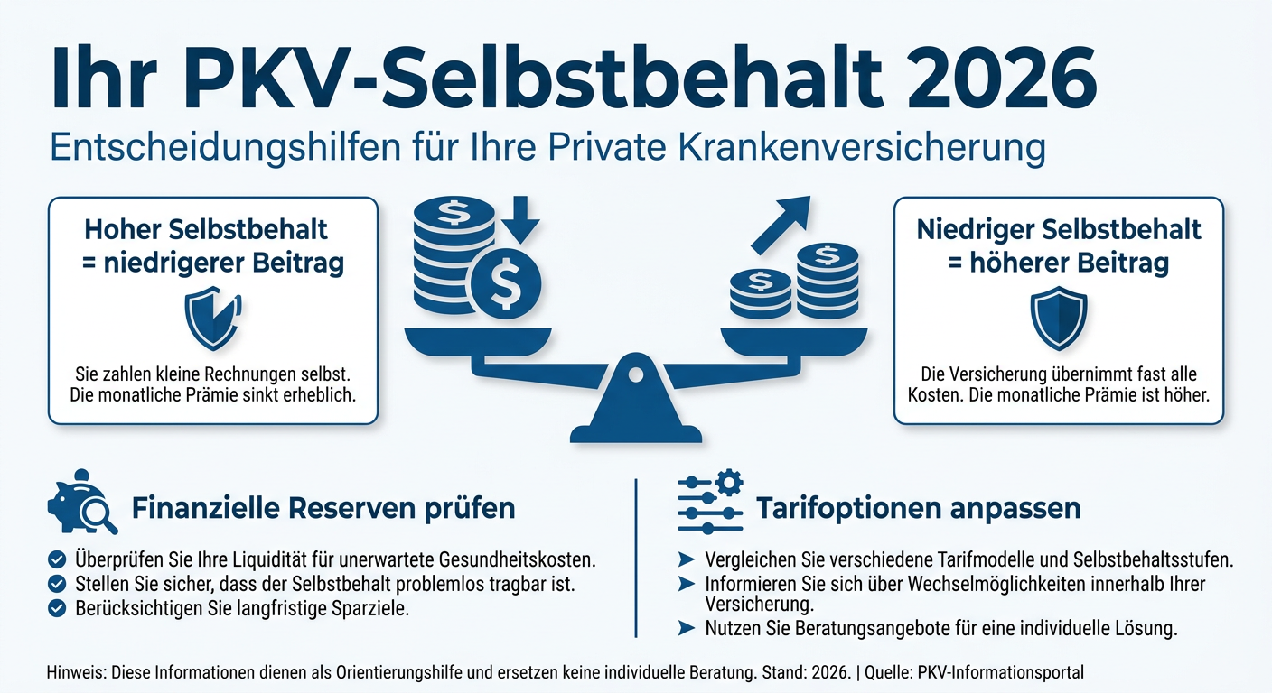 Infografik zum PKV-Selbstbehalt 2026, die den Zusammenhang zwischen Selbstbehaltshöhe und Monatsbeitrag erklärt.