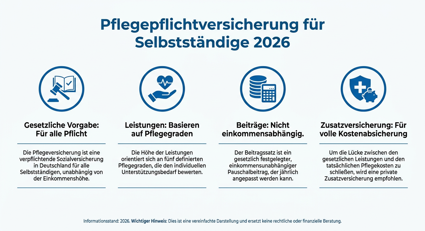 Infografik zur Pflegepflichtversicherung für Selbstständige 2026. Zeigt wichtige Aspekte wie Pflichtcharakter, Pflegegrade und Zusatzversicherungen.