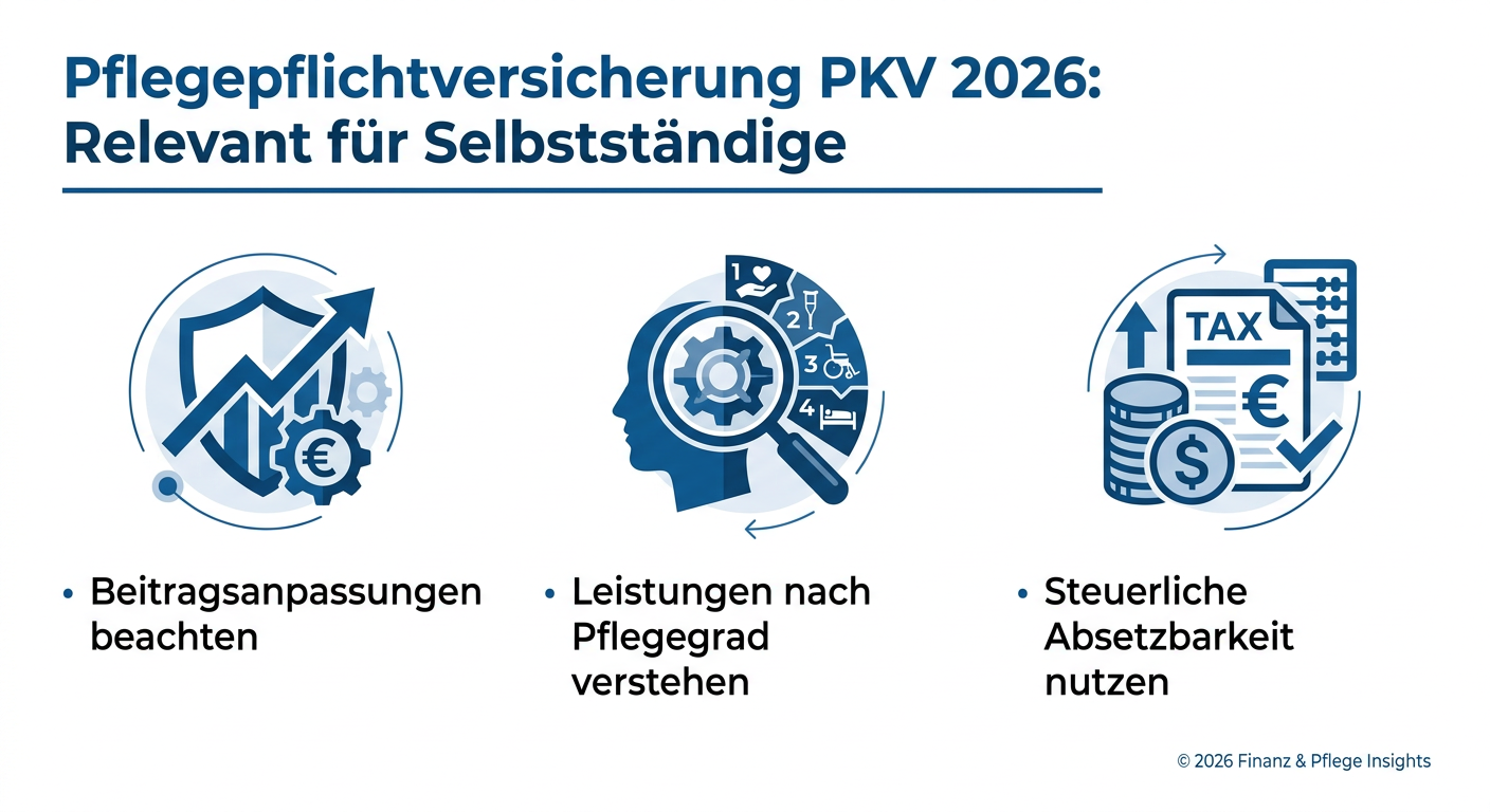 Infografik: Wichtige Informationen zur Pflegepflichtversicherung PKV für Selbstständige im Jahr 2026: Beitragsanpassungen beachten, Leistungen nach Pflegegrad verstehen und steuerliche Absetzbarkeit nutzen.