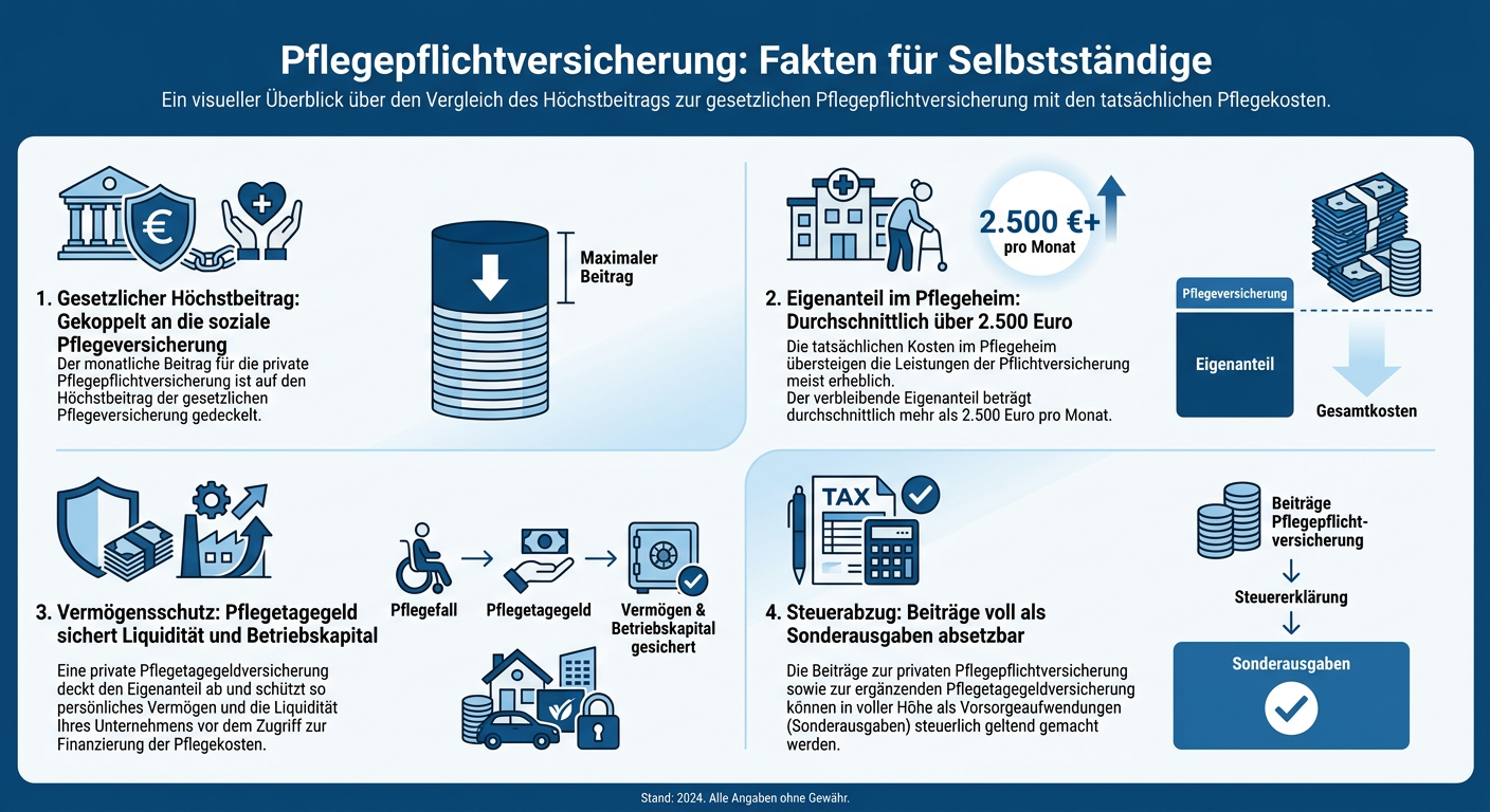 Pflegepflichtversicherung in der PKV für Selbstständige Infografik zur privaten Pflegepflichtversicherung für Selbstständige mit Höchstbeitrag und Pflegelücke.