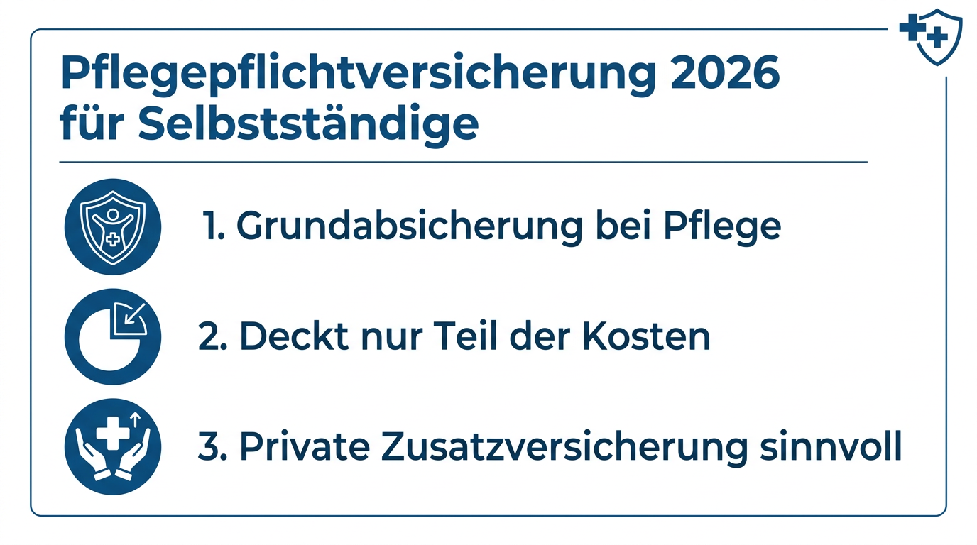 Infografik zur Pflegepflichtversicherung 2026 für Selbstständige, die Grundabsicherung, Kostenlücken und die Relevanz von Zusatzversicherungen erklärt.