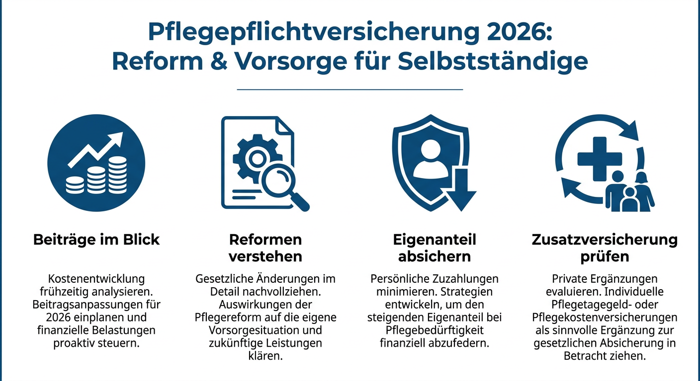 Pflegepflichtversicherung 2026: Reform für Selbstständige Infografik: Pflegepflichtversicherung 2026 für Selbstständige. Zeigt vier Punkte: Beiträge im Blick, Reformen verstehen, Eigenanteil absichern, Zusatzversicherung prüfen.