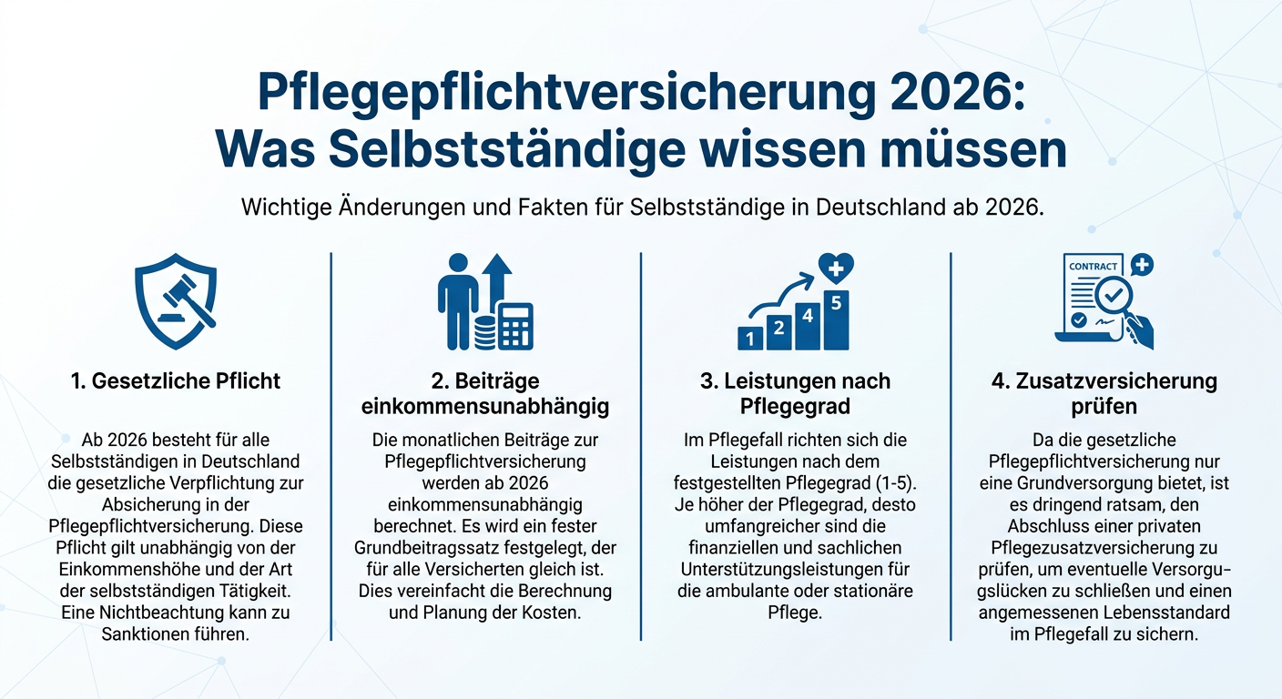 Infografik: Pflegepflichtversicherung 2026 für Selbstständige mit vier Kernaussagen: Gesetzliche Pflicht, Beiträge einkommensunabhängig, Leistungen nach Pflegegrad und Zusatzversicherung prüfen.
