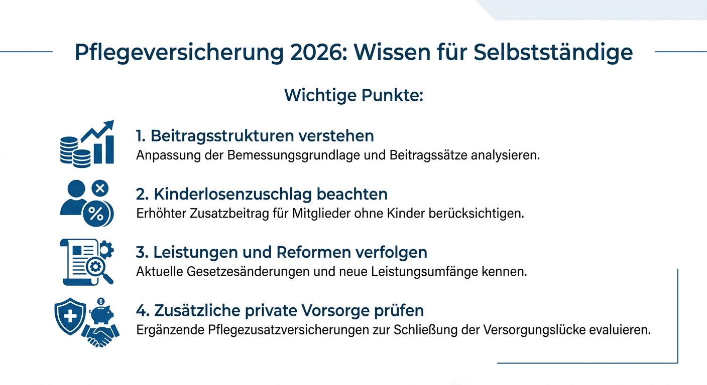 Infografik zur Pflegeversicherung 2026 für Selbstständige, mit Punkten zu Beiträgen, Kinderlosenzuschlag, Leistungen und zusätzlicher Vorsorge.