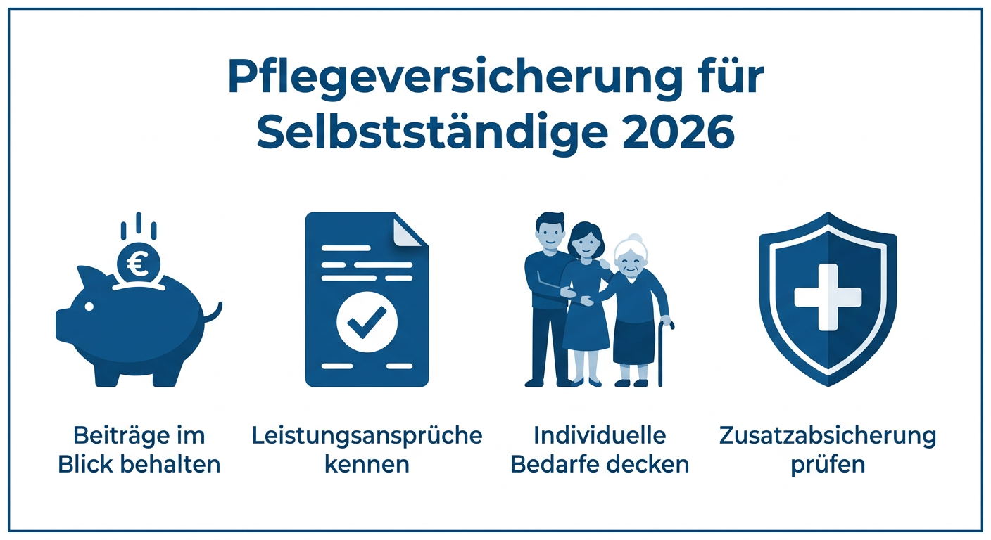 Pflegeversicherung für Selbstständige 2026: Anpassungen Infografik zur Pflegeversicherung für Selbstständige 2026 mit Beiträgen, Leistungsansprüchen, individuellen Bedarfen und Zusatzabsicherung.