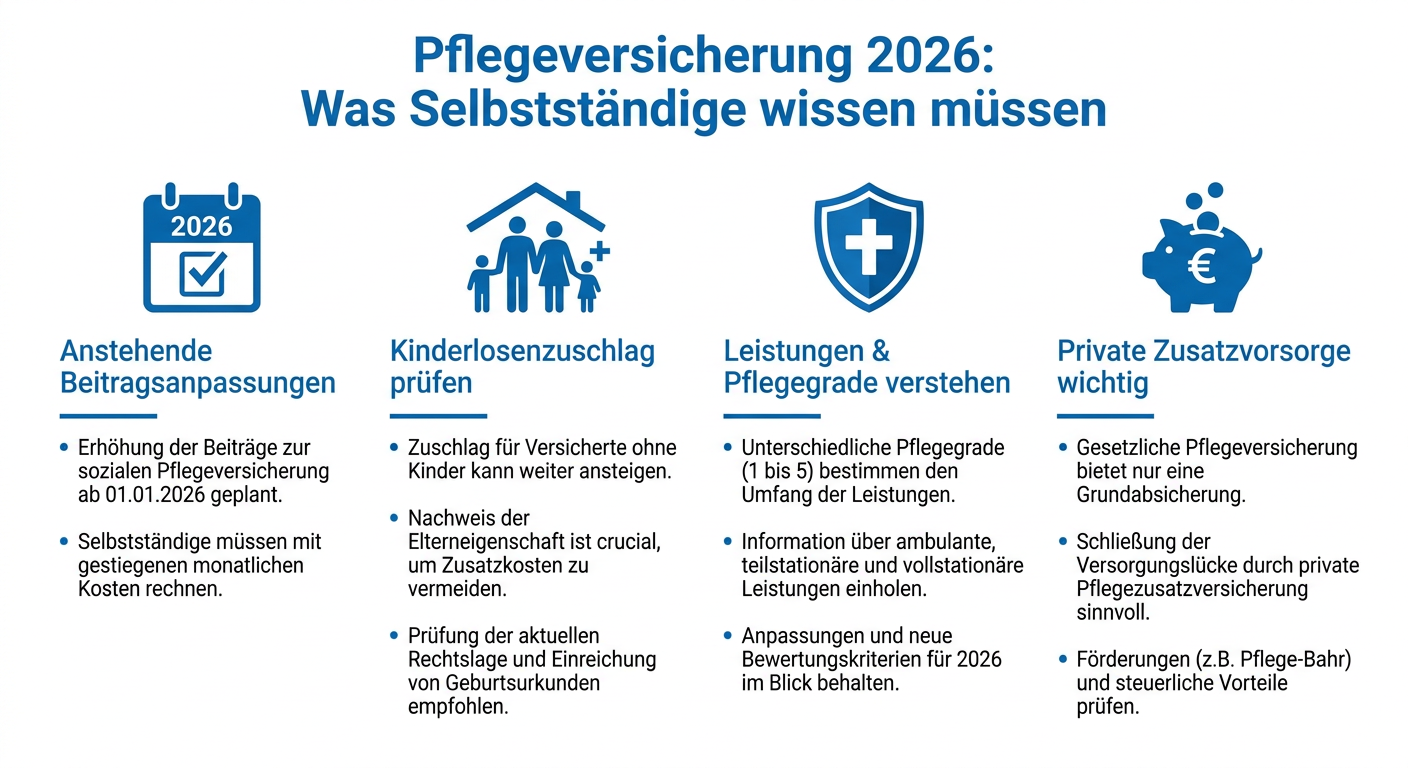 Pflegeversicherung für Selbstständige 2026: Neue Regelungen Infografik: Wichtige Punkte zur Pflegeversicherung für Selbstständige 2026, inkl. Beitragsanpassungen, Kinderlosenzuschlag, Leistungen und private Vorsorge.