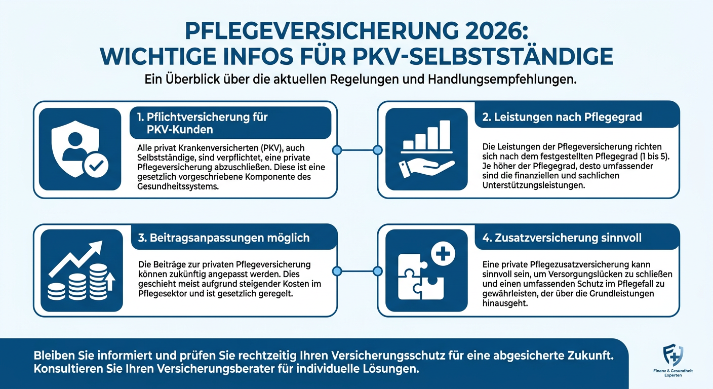 Pflegeversicherung in der PKV für Selbstständige 2026 Infografik zur Pflegeversicherung 2026 für PKV-Selbstständige, zeigt wichtige Infos wie Pflicht, Leistungen, Beitragsanpassungen und Zusatzversicherung.