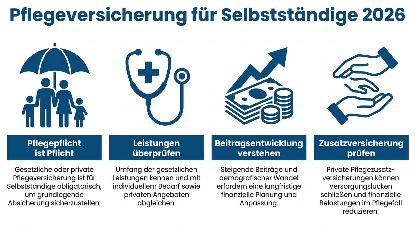 Infografik zur privaten Pflegepflichtversicherung für Selbstständige 2026, erläutert die Pflicht, Leistungsprüfung, Beitragsentwicklung und die Relevanz einer Zusatzversicherung.
