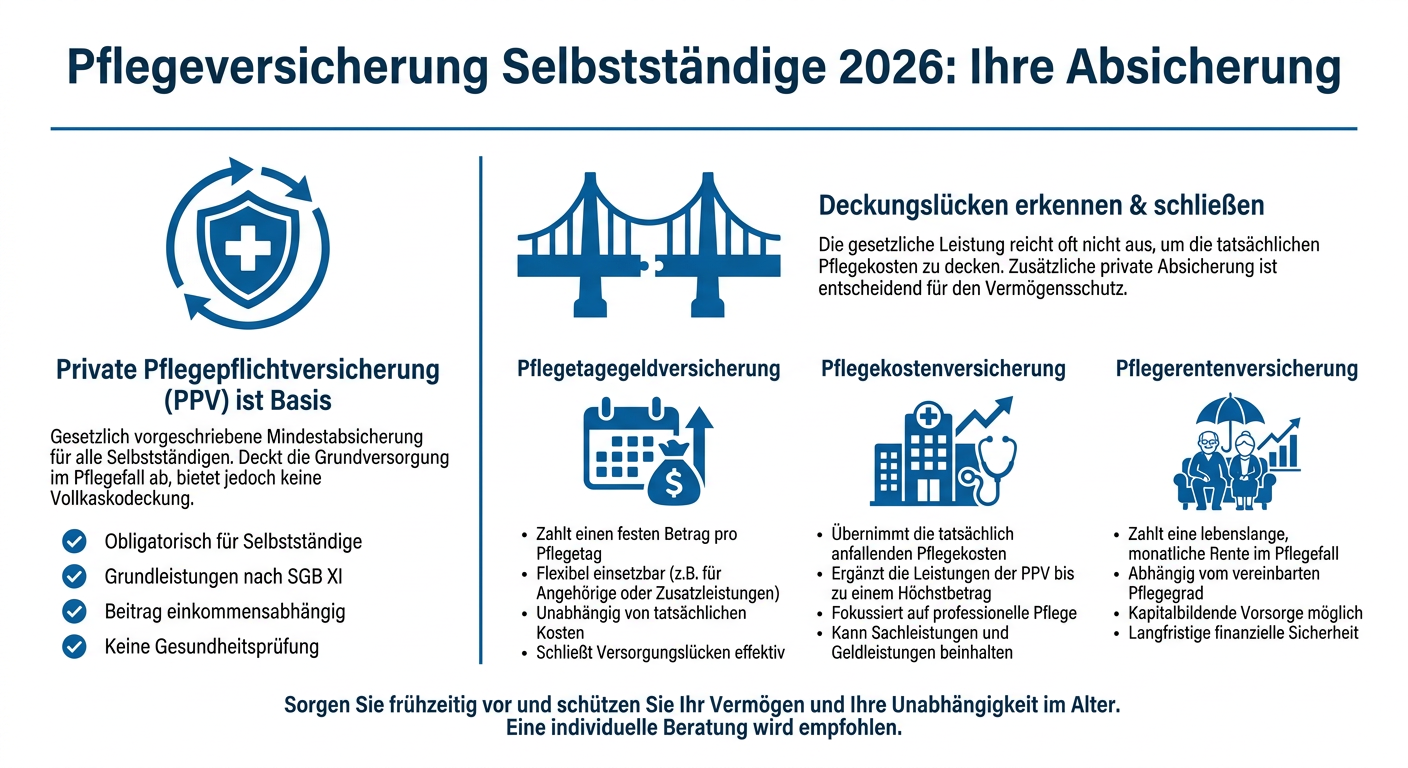 Pflegeversicherung für Selbstständige: PKV-Absicherung 2026 Infografik: Pflegeversicherung für Selbstständige 2026. Zeigt PPV als Basis und verschiedene private Zusatzversicherungen wie Pflegetagegeld.