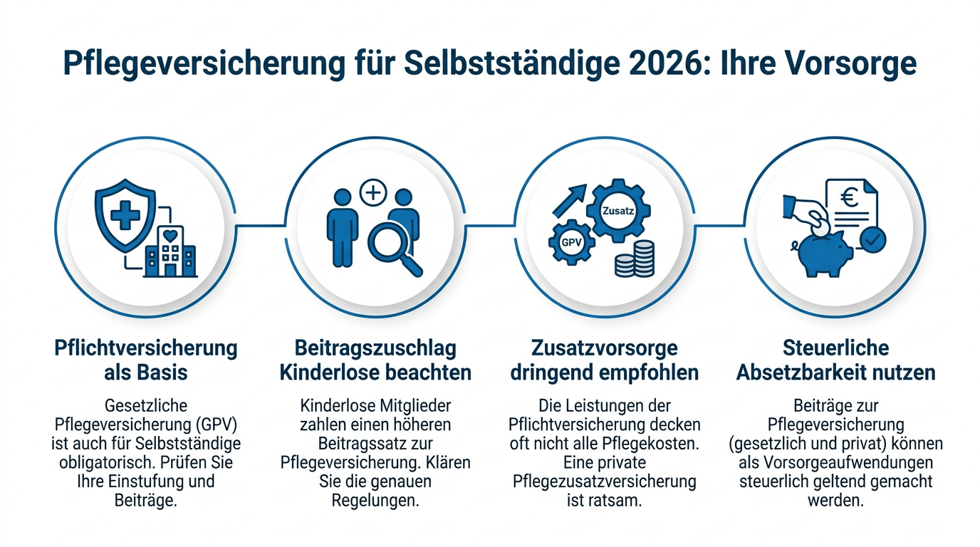 Pflegeversicherung für Selbstständige: Neuerungen 2026 Infografik zur Pflegeversicherung 2026 für Selbstständige, die Pflichtversicherung, Beitragszuschlag, Zusatzvorsorge und Steueraspekte beleuchtet.