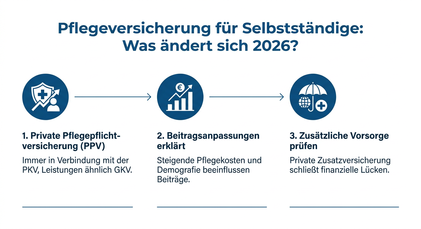 Infografik: Übersicht über die Pflegeversicherung für Selbstständige 2026, inkl. PPV, Beitragsanpassungen und zusätzliche Vorsorgeoptionen.