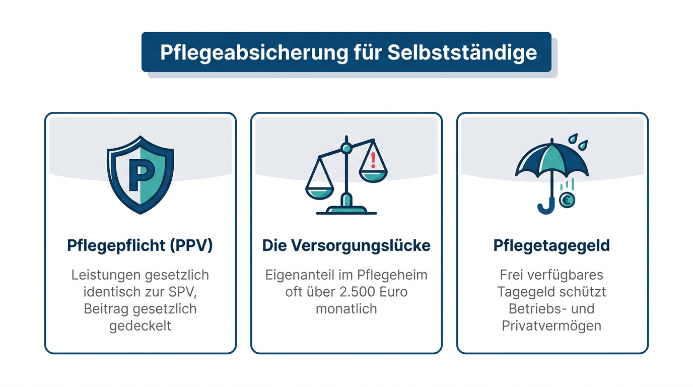 Infografik zur privaten Pflegepflichtversicherung und Zusatzbausteinen für Selbstständige.