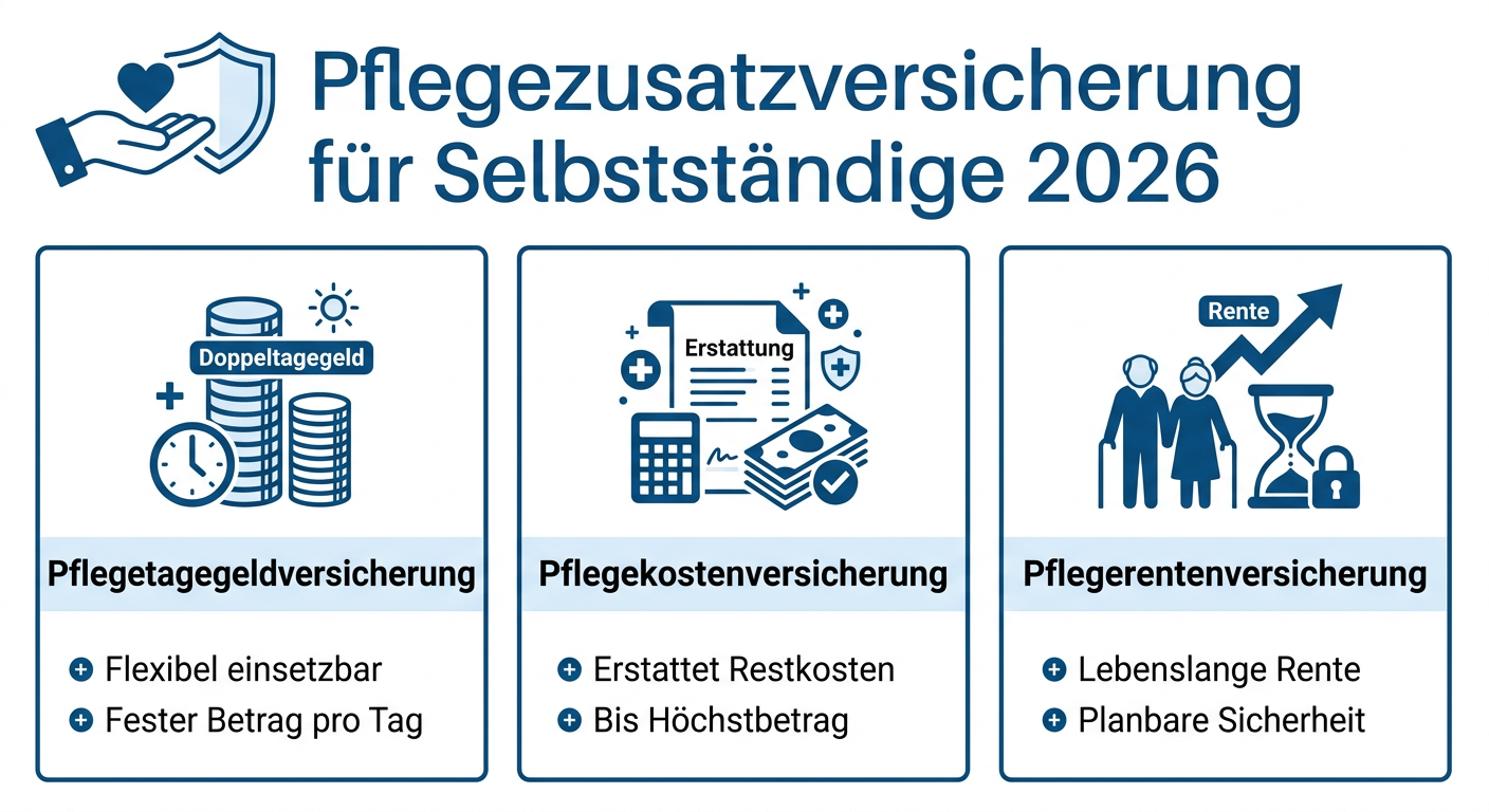 Pflegezusatzversicherung für Selbstständige 2026 Infografik zur Pflegezusatzversicherung für Selbstständige 2026. Zeigt drei Versicherungsarten: Pflegetagegeld-, Pflegekosten- und Pflegerentenversicherung mit ihren jeweiligen Vorteilen.