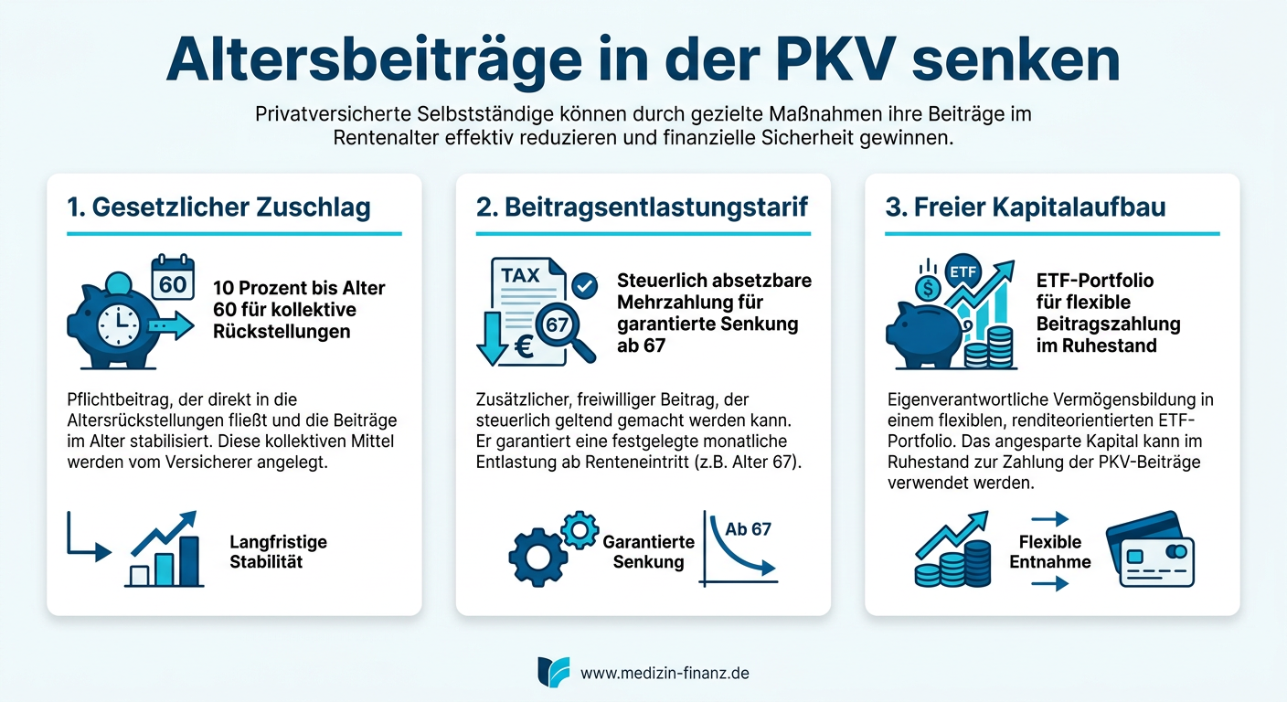 Infografik zu Altersrückstellungen und Beitragsentlastungstarifen in der privaten Krankenversicherung für Selbstständige.