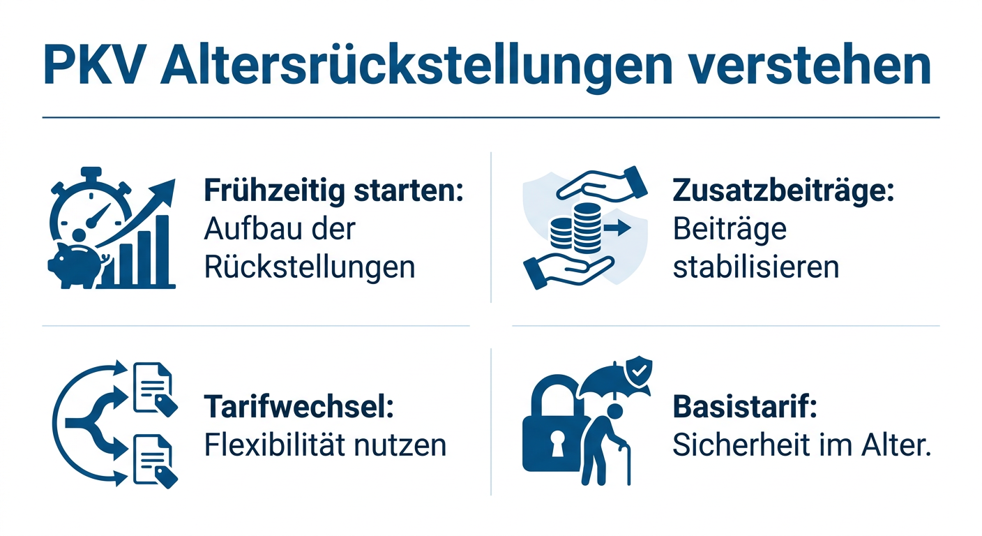 Altersrückstellungen PKV: Strategien für Selbstständige 2026 Infografik: PKV Altersrückstellungen verstehen, mit Stichpunkten zu frühzeitigem Start, Zusatzbeiträgen, Tarifwechsel und Basistarif.