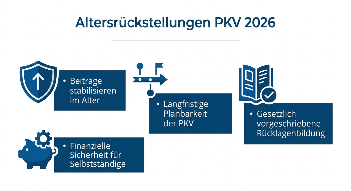 Altersrückstellungen in der PKV: Nachhaltigkeit für Selbstständige Infografik zu Altersrückstellungen in der PKV 2026: Bedeutung für stabile Beiträge im Alter und finanzielle Sicherheit für Selbstständige.