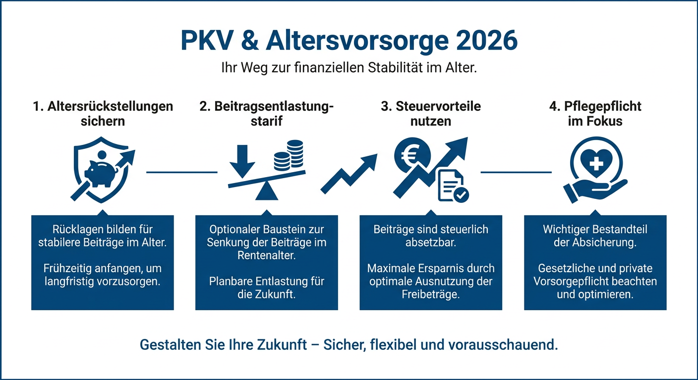 Infografik zur PKV als Altersvorsorge für Selbstständige 2026 mit Stichpunkten zu Altersrückstellungen, Beitragsentlastungstarifen, Steuervorteilen und Pflegepflicht.