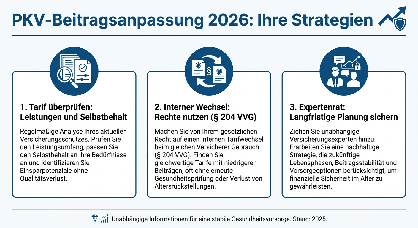 PKV-Beitragsanpassung 2026: Strategien für Selbstständige Infografik zu Strategien bei PKV-Beitragsanpassungen 2026 für Selbstständige, mit drei Stichpunkten zu Tarifprüfung, internem Wechsel und Expertenrat.