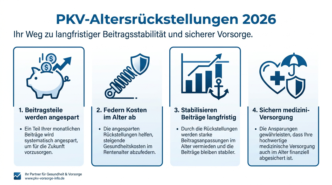 Infografik: PKV-Altersrückstellungen 2026, erklärt anhand von vier Schritten zur Beitragsstabilisierung im Alter.