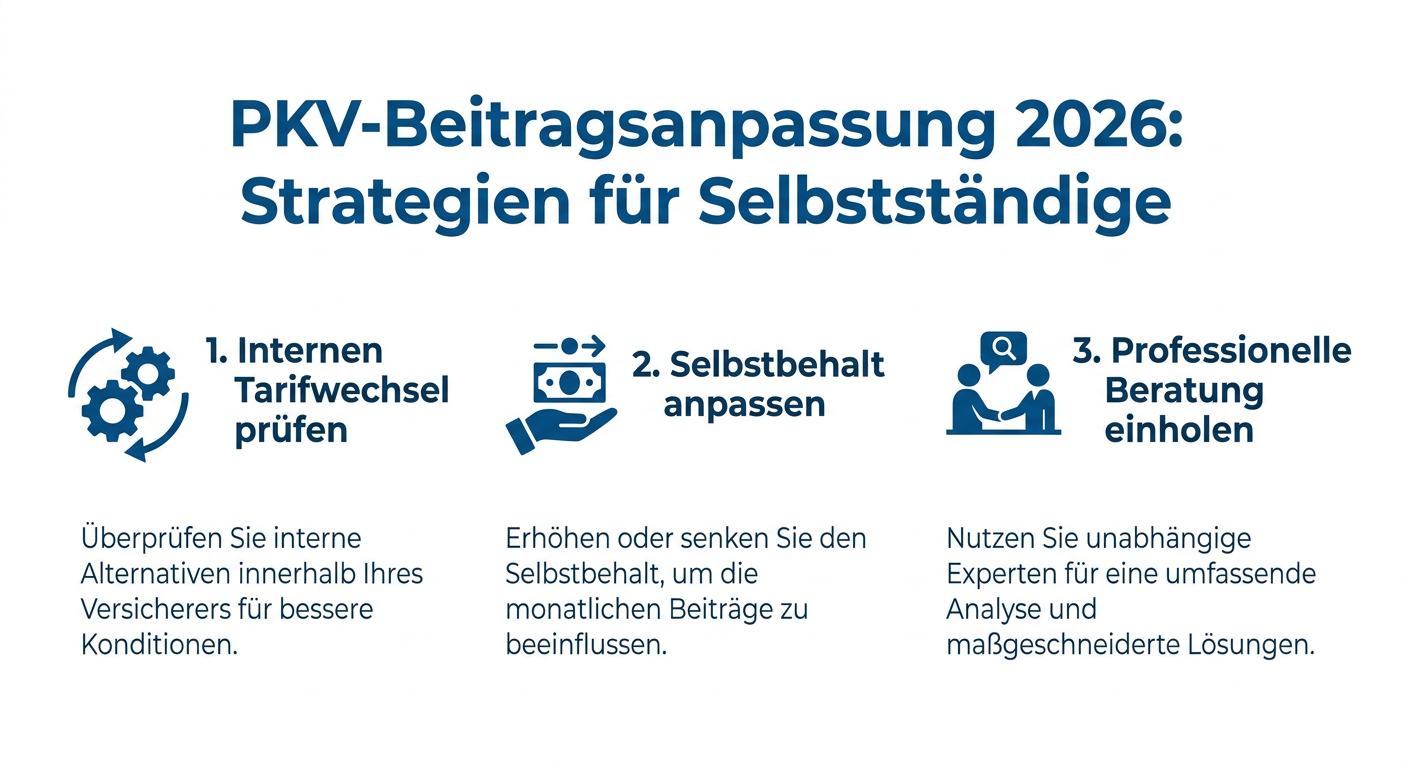 Infografik: Drei Strategien für Selbstständige zur Beitragsoptimierung in der PKV 2026: Interner Tarifwechsel, Selbstbehalt anpassen, professionelle Beratung.