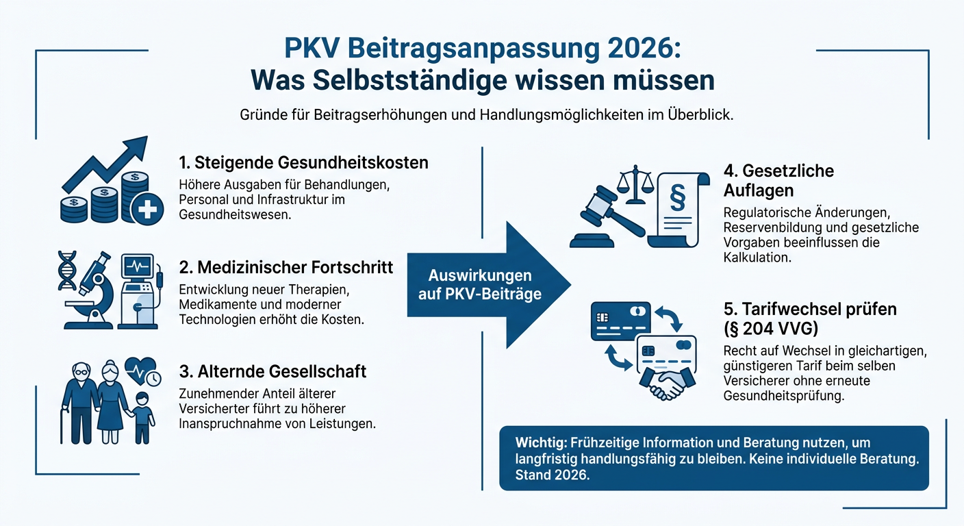 PKV-Beitragsanpassung 2026: Das müssen Selbstständige wissen Infografik: PKV Beitragsanpassung 2026 für Selbstständige. Zeigt Faktoren wie steigende Gesundheitskosten und medizinischen Fortschritt sowie den Tarifwechsel als Handlungsoption.