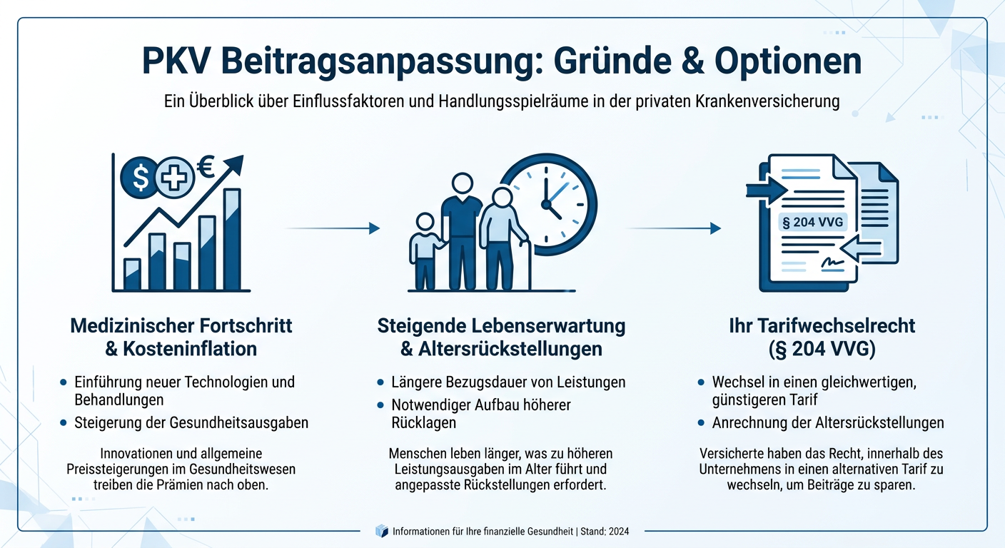 PKV Beitragsanpassung verstehen: Ihre Optionen als Selbstständiger Infografik: Gründe für PKV-Beitragsanpassungen und Handlungsoptionen wie medizinischer Fortschritt, Lebenserwartung und Tarifwechselrecht.