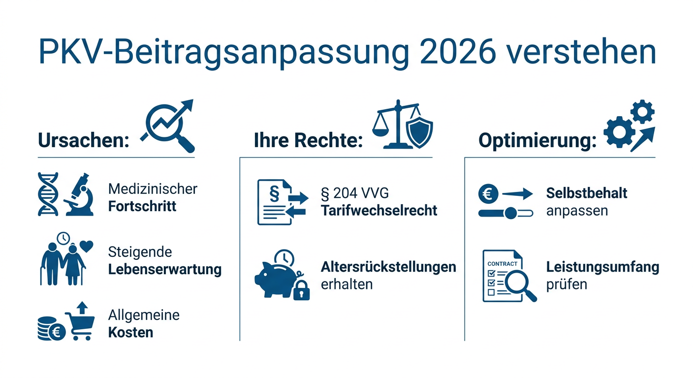 PKV-Beitragsanpassung 2026: Ursachen, Rechte & Optimiermöglichkeiten Infografik: PKV-Beitragsanpassung 2026 verstehen. Zeigt Ursachen wie medizinischen Fortschritt, Rechte wie Tarifwechsel und Optimierungsmöglichkeiten wie Selbstbehalt.