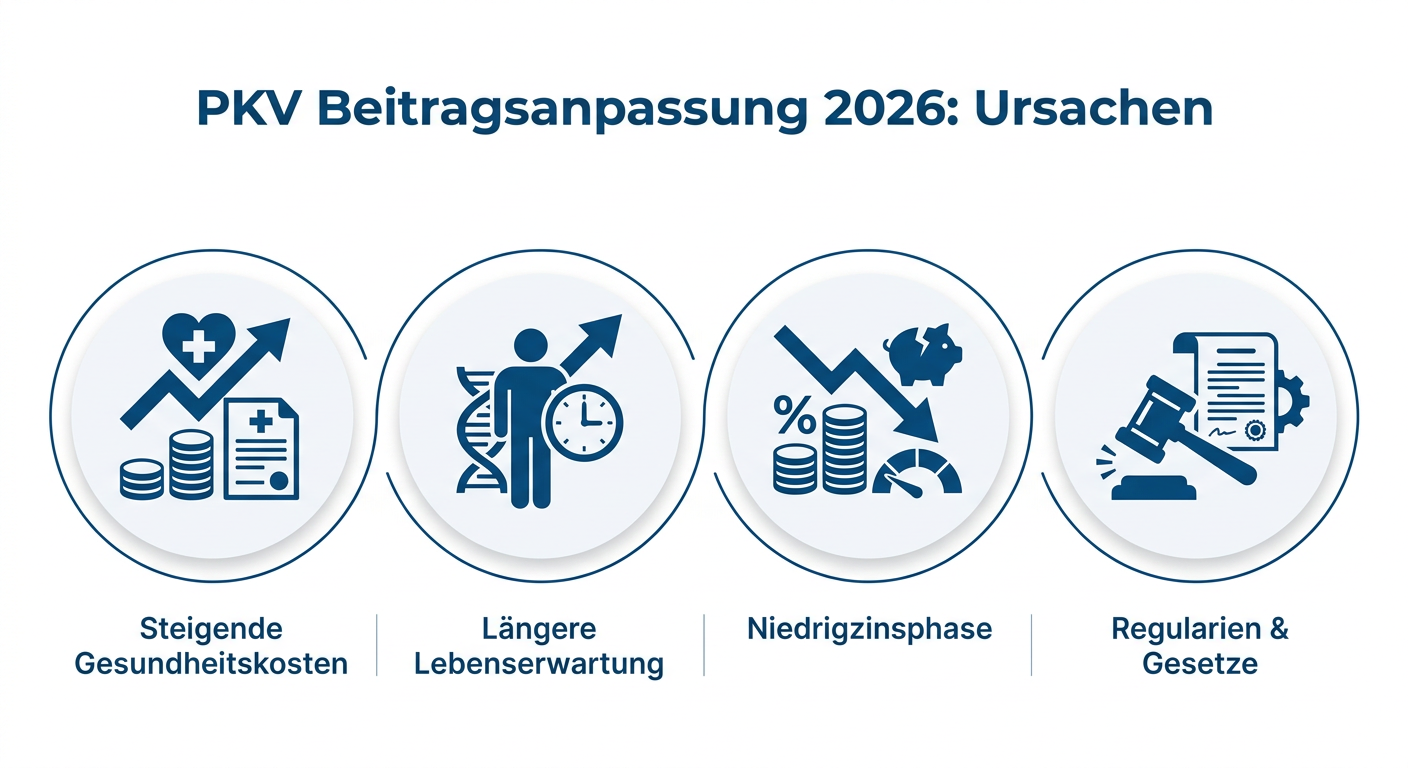 Infografik: Ursachen der PKV-Beitragsanpassung 2026, darunter steigende Gesundheitskosten, längere Lebenserwartung, Niedrigzinsphase und Regularien.