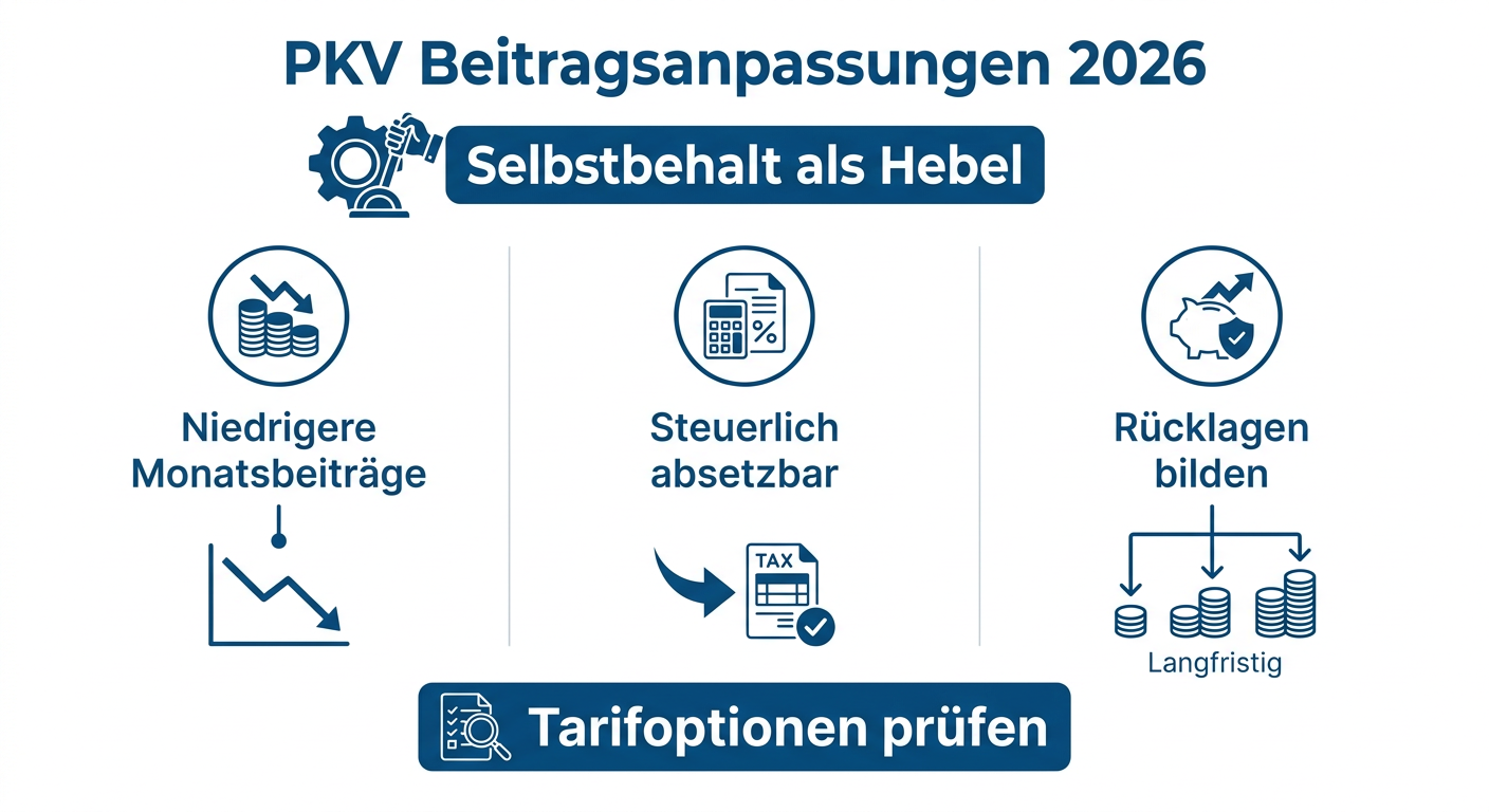 PKV-Beitragsanpassungen 2026: Selbstbehalt als Hebel Infografik PKV Beitragsanpassungen 2026, zeigt Selbstbehalt als Hebel für niedrigere Monatsbeiträge, Steuerabsetzbarkeit, Rücklagenbildung und Tarifoptionen.