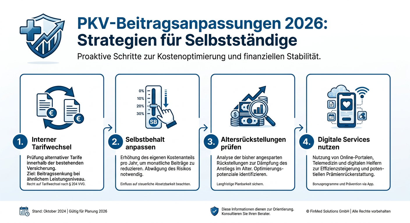 Infografik: PKV-Beitragsanpassungen 2026 - Strategien für Selbstständige, zeigt vier Schritte zur Kostenoptimierung in der Privaten Krankenversicherung.