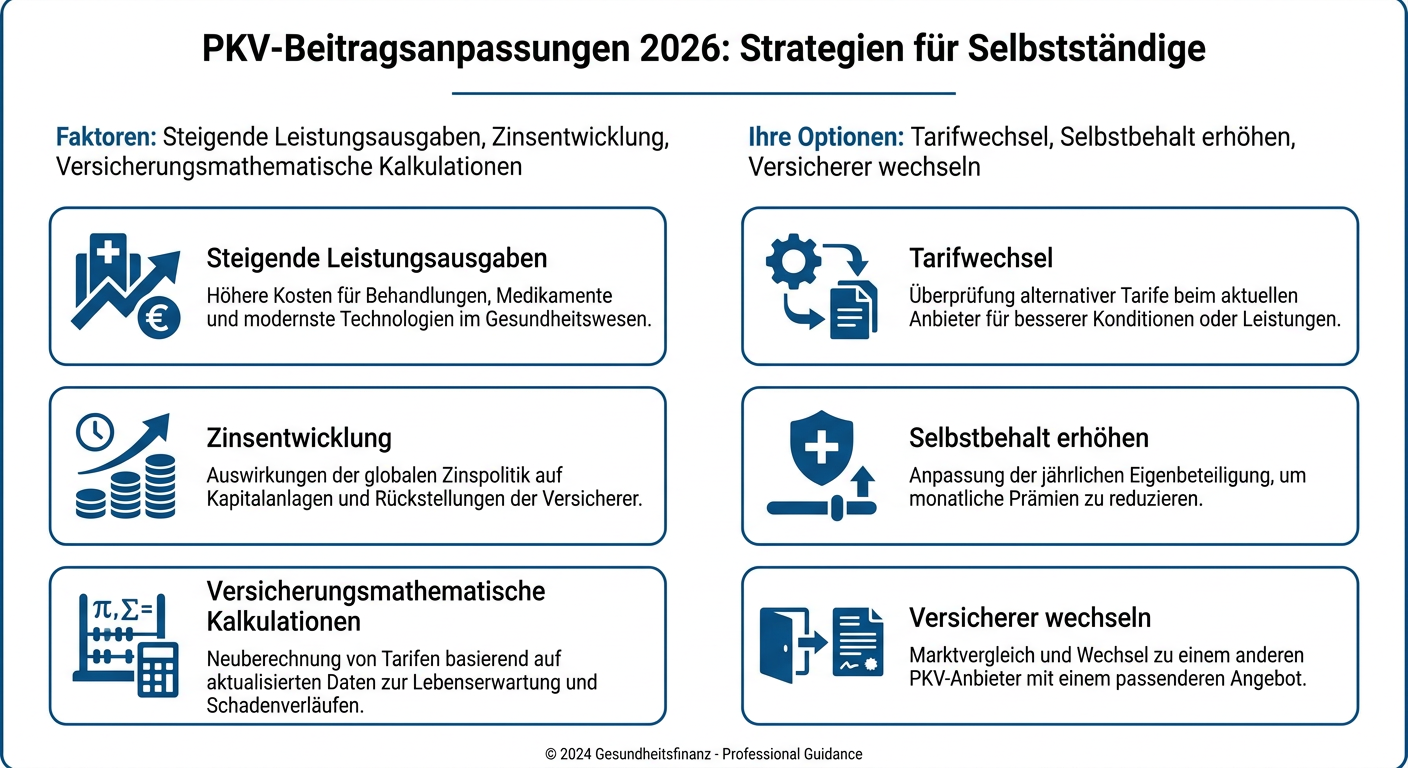 Infografik zeigt die Faktoren für PKV-Beitragsanpassungen 2026 und Handlungsoptionen für Selbstständige, darunter Tarifwechsel und Selbstbehalt.