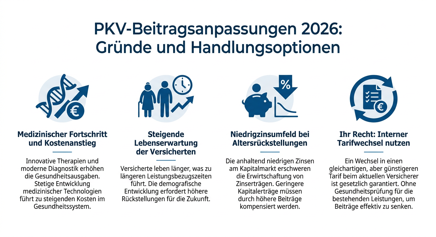 PKV-Beitragsanpassungen 2026: Verstehen und Gestalten Infografik über die Gründe für Beitragsanpassungen in der PKV im Jahr 2026 und Handlungsmöglichkeiten für Selbstständige, wie zum Beispiel den internen Tarifwechsel.