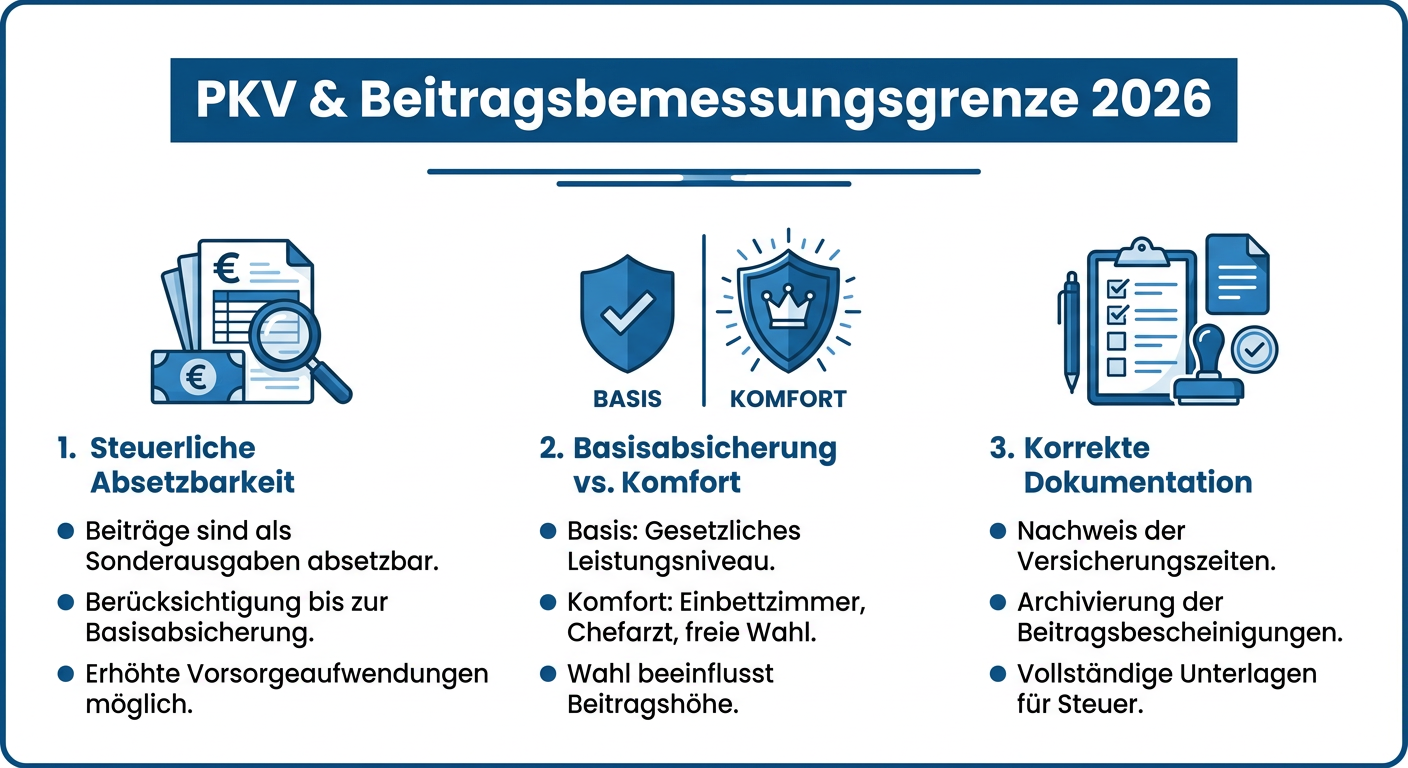 PKV-Beitragsbemessungsgrenze: Gewinnabgrenzung 2026 Infografik: Wichtige Punkte zur PKV und Beitragsbemessungsgrenze 2026 für Selbstständige: steuerliche Absetzbarkeit, Basisabsicherung vs. Komfort, korrekte Dokumentation.