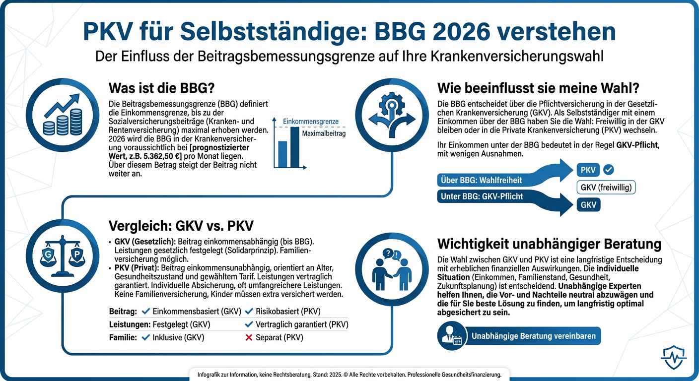PKV für Selbstständige: Beitragsbemessungsgrenze 2026 Infografik erklärt die Beitragsbemessungsgrenze (BBG) 2026 im Kontext der PKV für Selbstständige und ihre Auswirkungen auf die Wahl der Krankenversicherung.