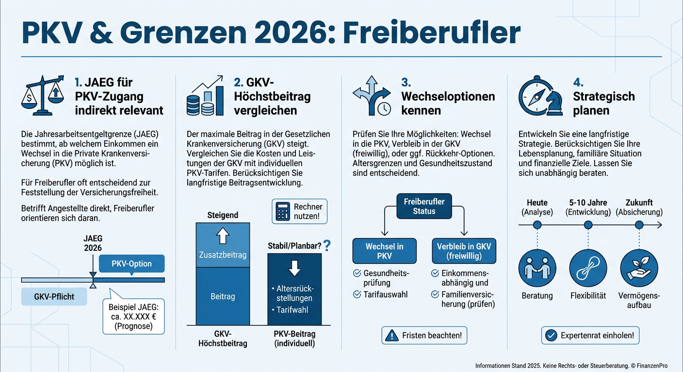 PKV & Beitragsbemessungsgrenzen 2026: Was Freiberufler wissen müssen Infografik zu den Beitragsbemessungsgrenzen 2026 und deren Relevanz für Freiberufler in Bezug auf die Private Krankenversicherung (PKV).