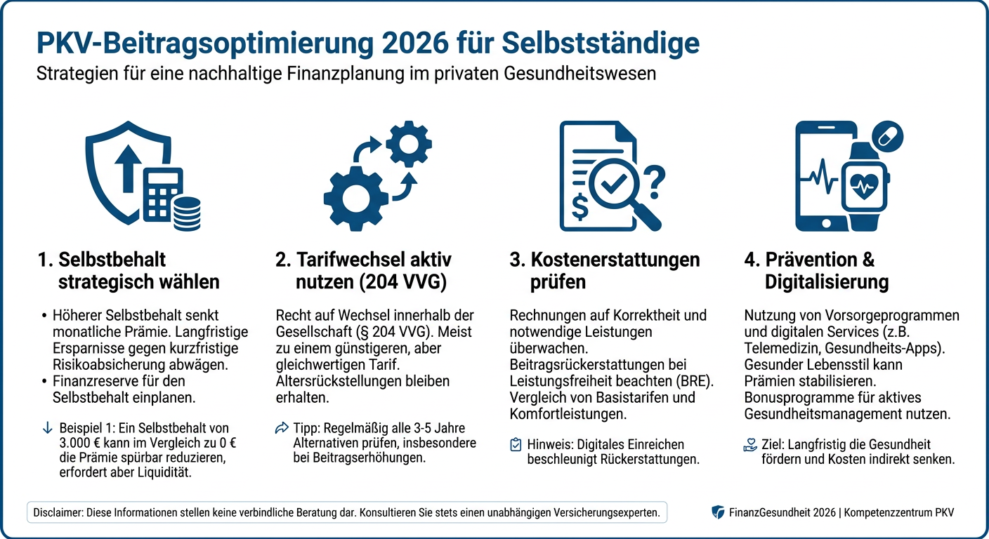 Infografik zur Beitragsoptimierung in der PKV für Selbstständige 2026, mit Stichpunkten zu Selbstbehalt, Tarifwechsel, Kostenerstattung und Prävention.
