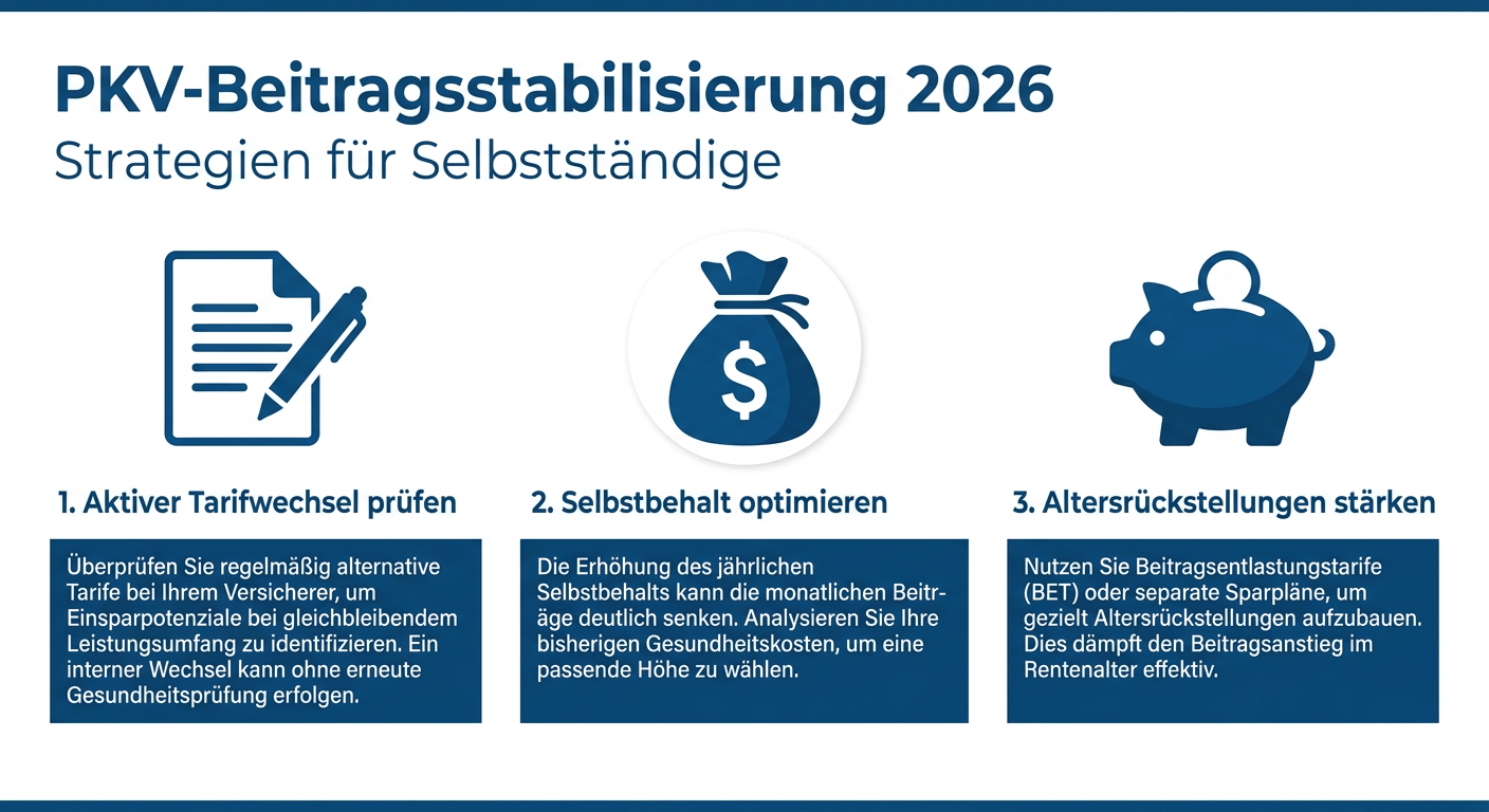 PKV-Beitragsstabilisierung 2026: Strategien für Selbstständige Infografik: PKV-Beitragsstabilisierung 2026. Drei Schlüsselstrategien für Selbstständige: Tarifwechsel, Selbstbehalt optimieren, Altersrückstellungen stärken.