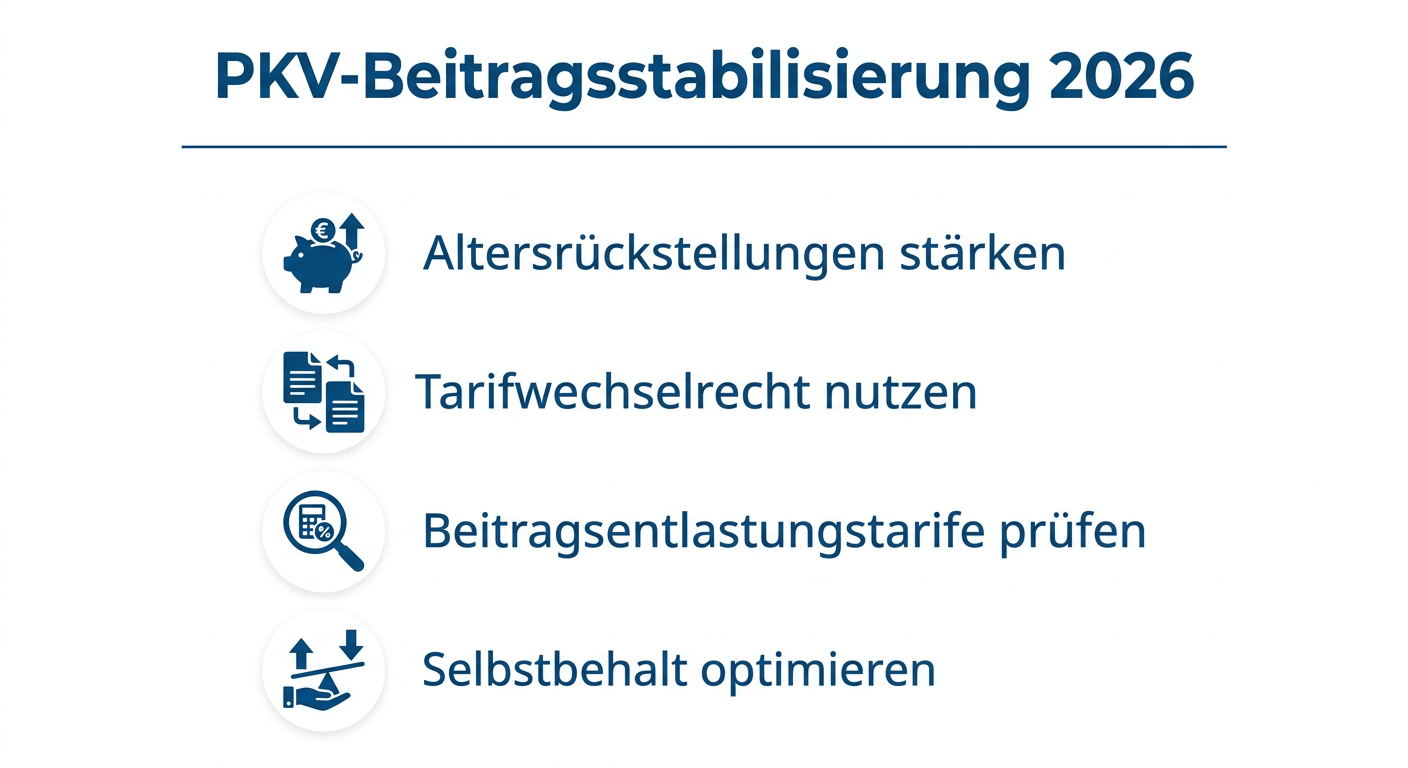 PKV-Beitragsstabilisierung 2026: Modelle für Selbstständige Infografik zur Beitragsstabilisierung der PKV für Selbstständige 2026. Zeigt Schlüsselstrategien wie Altersrückstellungen und Tarifwechsel.