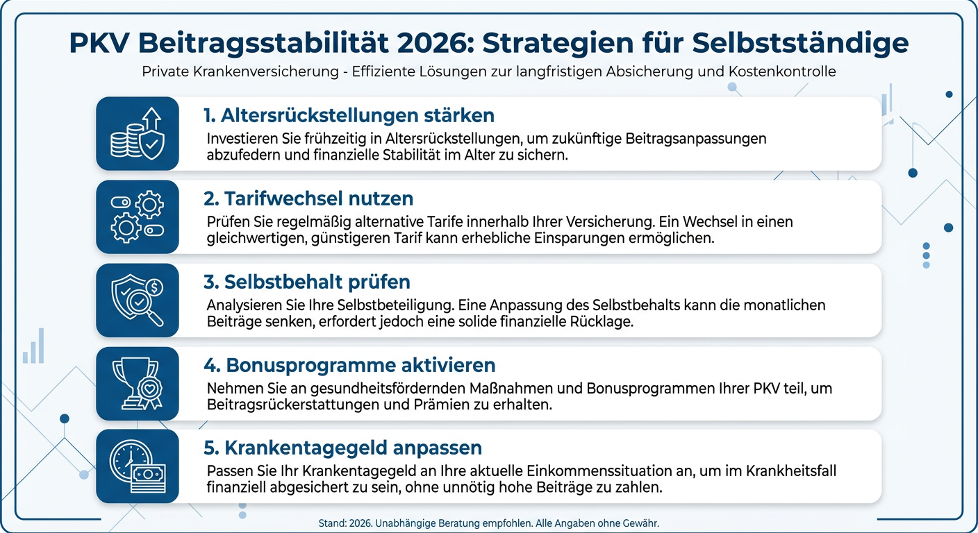 PKV Beitragsstabilität 2026: Faktoren & Strategien Infografik zur Beitragsstabilität 2026 in der PKV für Selbstständige, zeigt fünf Strategien: Altersrückstellungen, Tarifwechsel, Selbstbehalt, Bonusprogramme, Krankentagegeld.