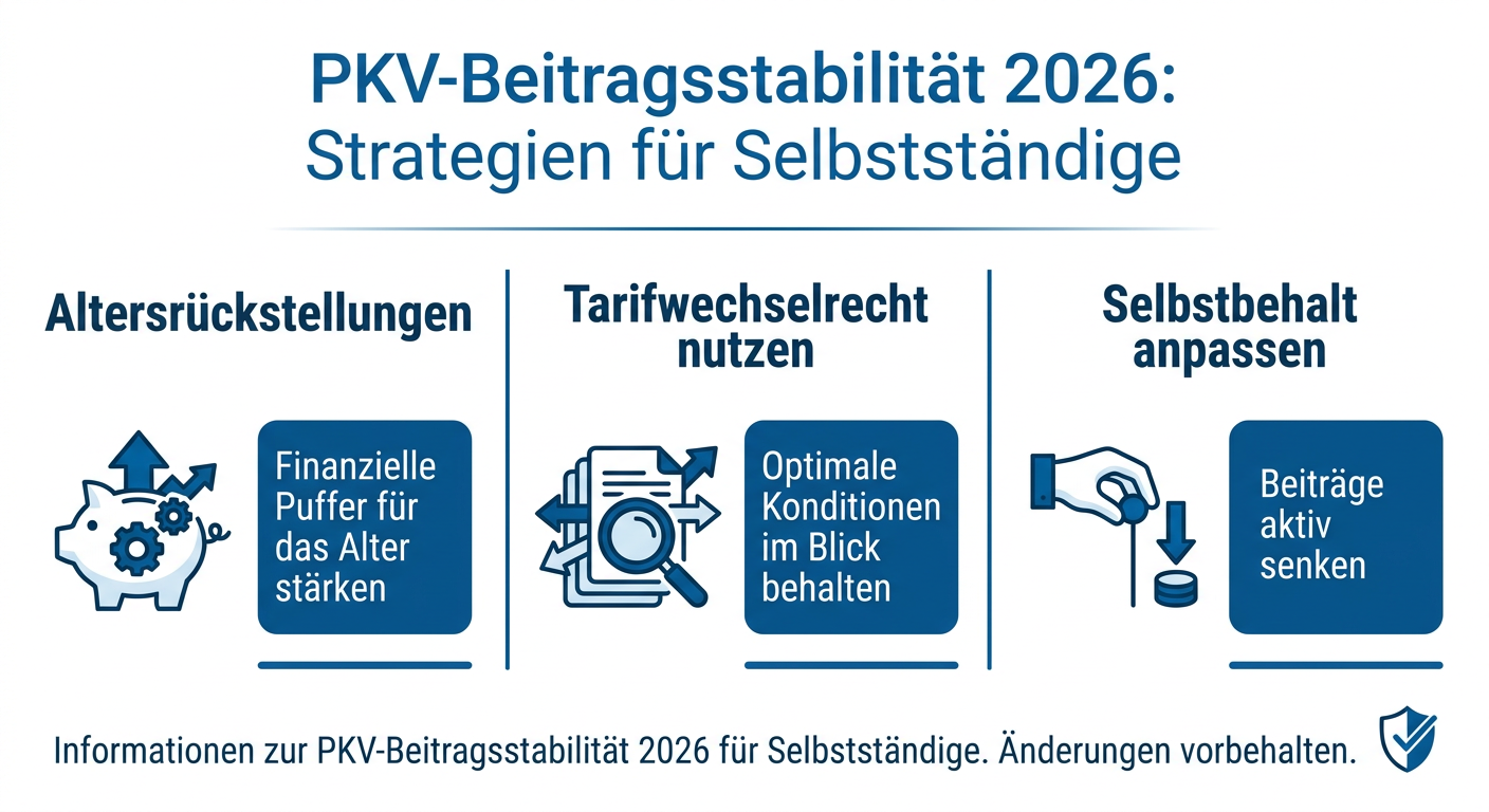 PKV-Beitragsstabilität 2026: Faktoren und Strategien Infografik zur PKV-Beitragsstabilität 2026 mit drei Strategien: Altersrückstellungen, Tarifwechselrecht nutzen, Selbstbehalt anpassen.