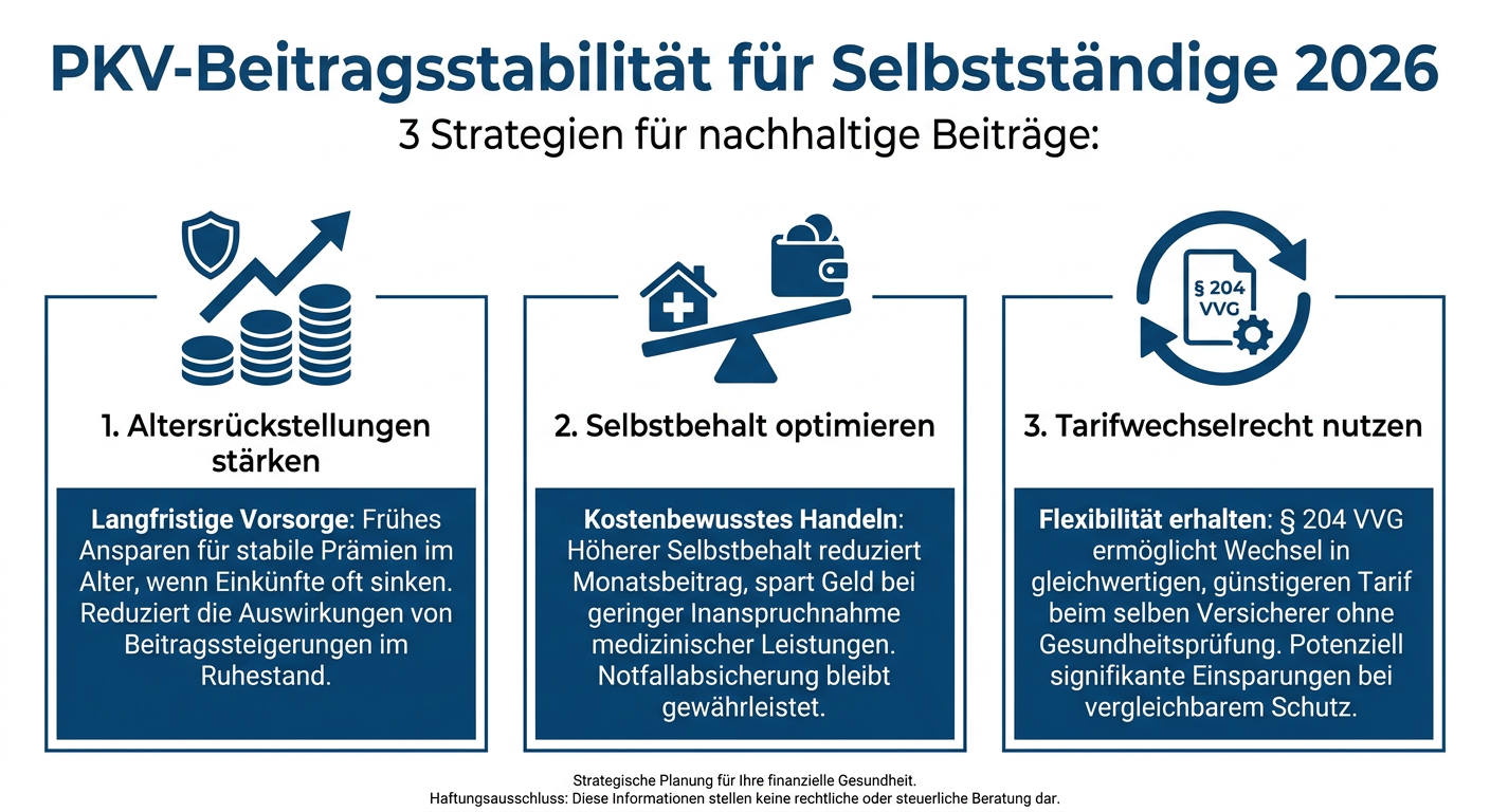 Infografik zeigt drei Strategien zur Beitragsstabilität in der PKV 2026: Altersrückstellungen stärken, Selbstbehalt optimieren, Tarifwechselrecht nutzen.