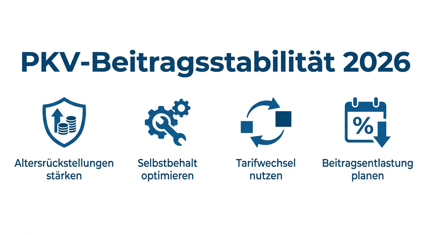 PKV-Beitragsstabilität 2026: Strategien für Selbstständige Infografik zur PKV-Beitragsstabilität 2026 für Selbstständige, zeigt vier Strategien: Altersrückstellungen, Selbstbehalt, Tarifwechsel und Beitragsentlastung.