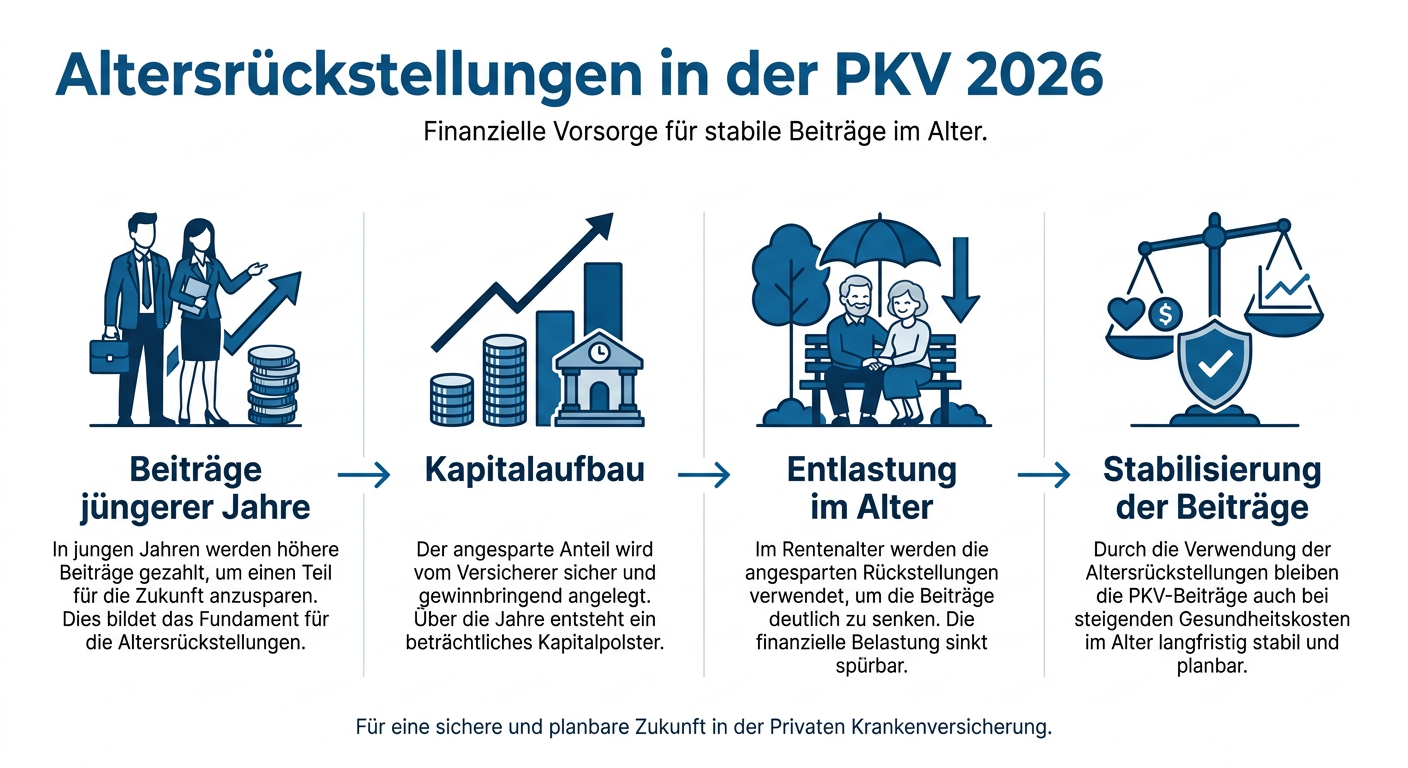Infografik zeigt, wie Altersrückstellungen in der PKV über die Jahre aufgebaut werden, um Beiträge im Alter zu stabilisieren.