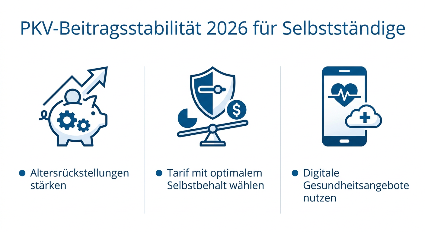 Infografik: Drei Strategien zur Beitragsstabilisierung in der PKV für Selbstständige im Jahr 2026: Altersrückstellungen stärken, passenden Tarif mit Selbstbehalt wählen, digitale Gesundheitsangebote nutzen.