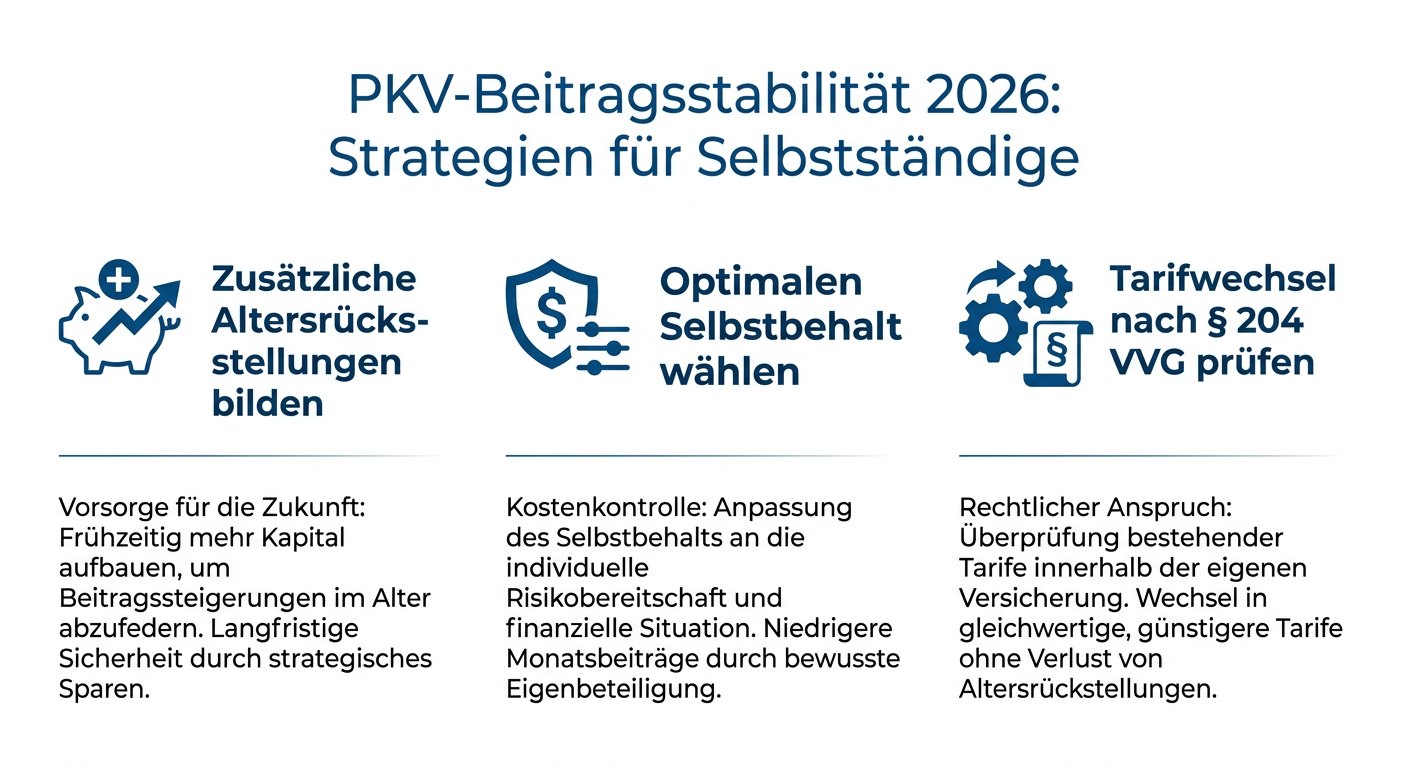 PKV-Beitragsstabilität: Strategien für Selbstständige 2026 Infografik: Drei Strategien für Selbstständige zur Beitragsstabilität in der PKV im Jahr 2026: Altersrückstellungen, Selbstbehalt, Tarifwechsel.
