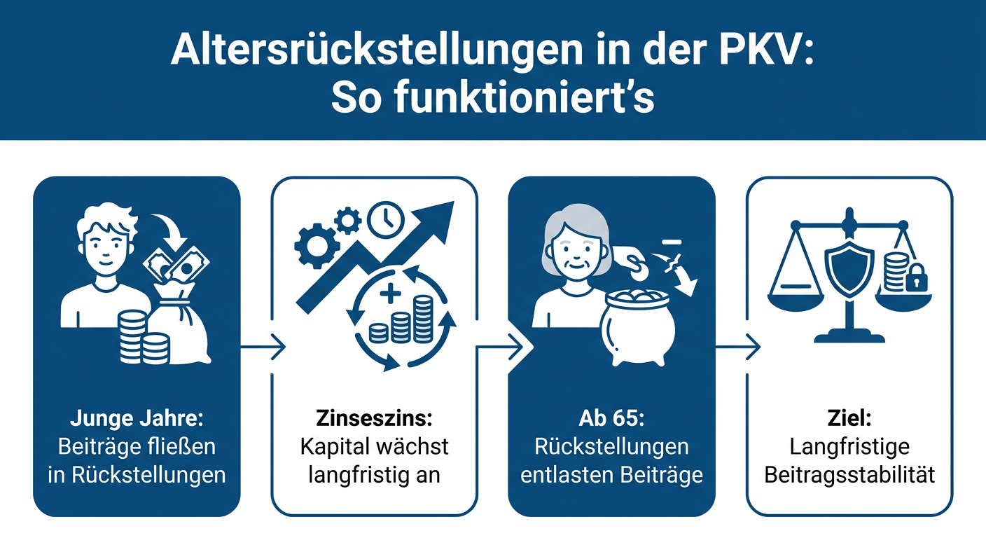 PKV-Beitragsstabilität 2026: Altersrückstellungen verstehen Infografik zur Funktionsweise von Altersrückstellungen in der privaten Krankenversicherung, die zeigt, wie Beiträge in jungen Jahren angespart werden und im Alter die Kosten entlasten.