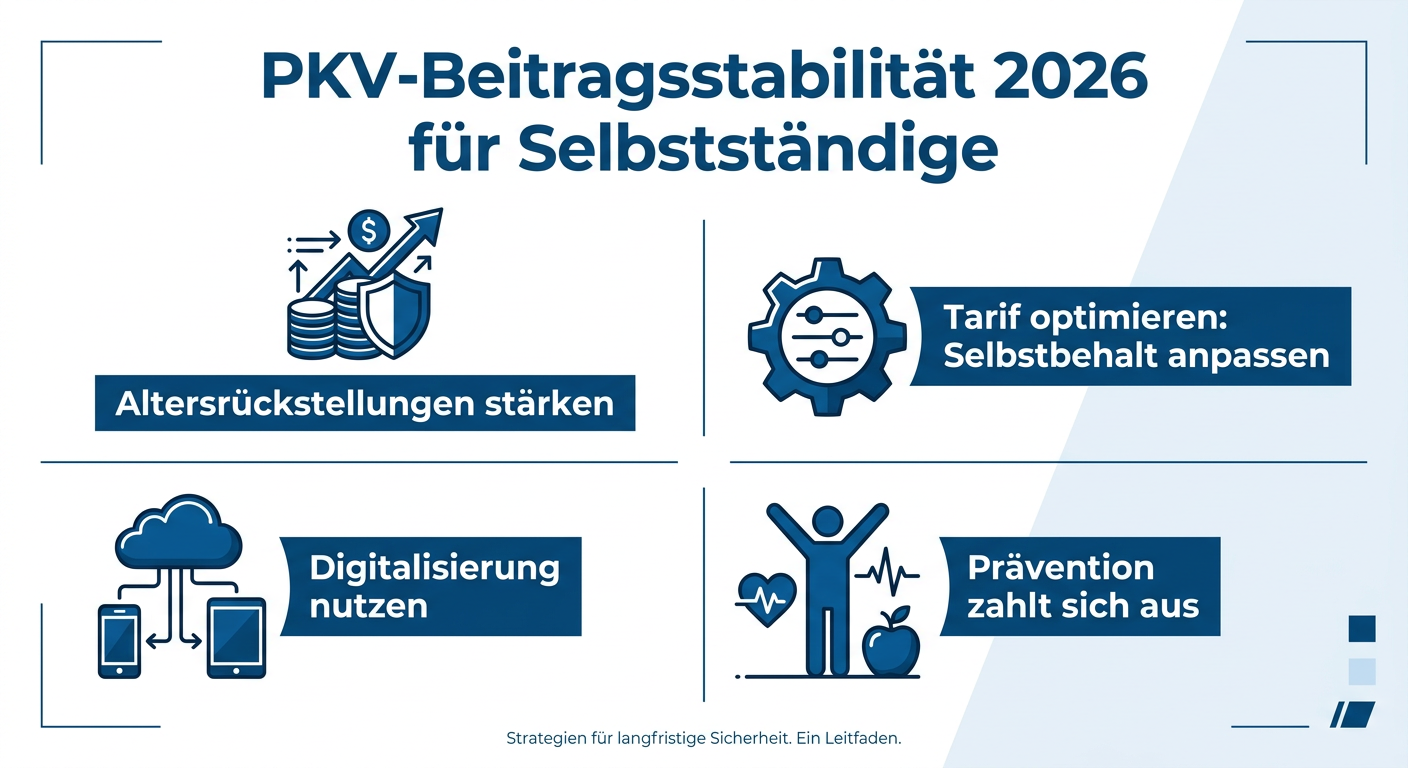 Infografik zeigt Möglichkeiten für Selbstständige, die Beitragsstabilität ihrer PKV im Jahr 2026 zu fördern, einschließlich Altersrückstellungen und Tarifoptimierung.