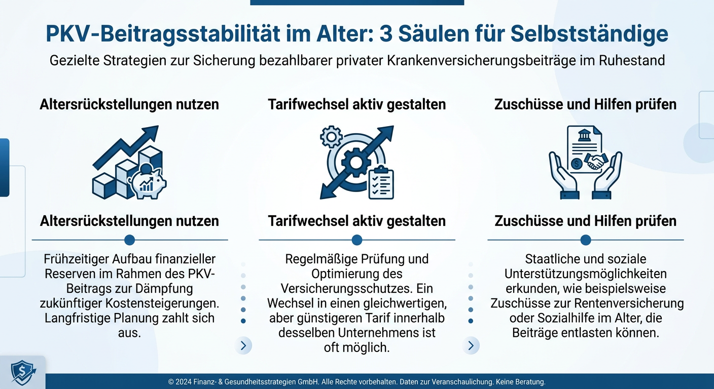 PKV-Beitragsstabilität im Alter: Strategien für Selbstständige Infografik: PKV-Beitragsstabilität im Alter. Dargestellt sind drei Säulen: Altersrückstellungen, Tarifwechsel und Zuschüsse.