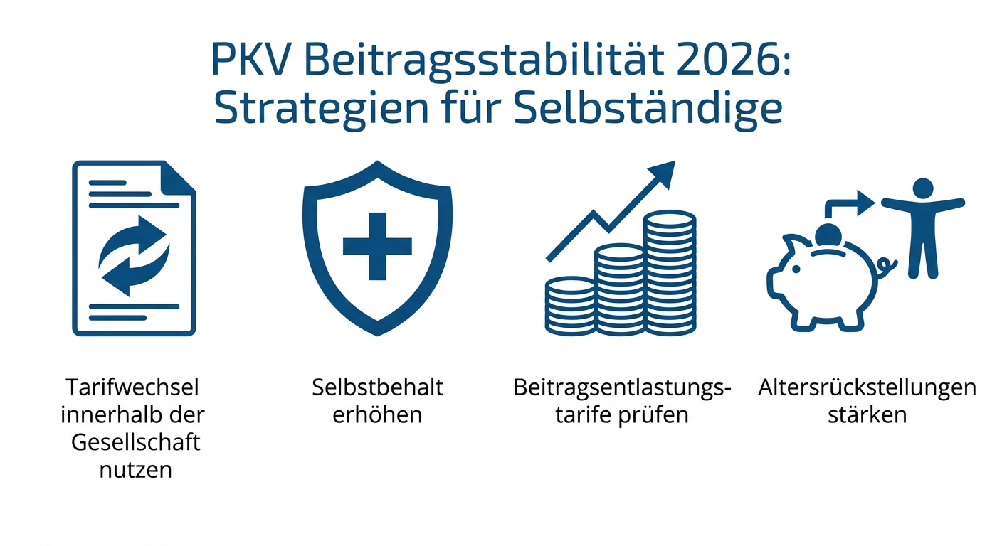 PKV Beitragsstabilität 2026: Strategien für Selbstständige Infografik: Vier Strategien zur PKV-Beitragsstabilität für Selbstständige im Jahr 2026 – Tarifwechsel, Selbstbehalt, Beitragsentlastung, Altersrückstellungen.