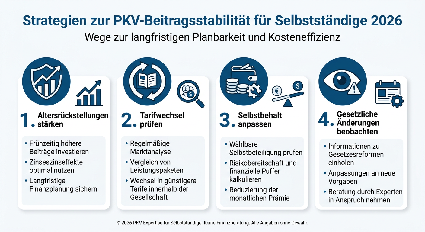 PKV Beitragsstabilität: Strategien für Selbstständige 2026 Infografik: Strategien zur PKV-Beitragsstabilität für Selbstständige 2026, Visualisierung der vier Hauptstrategien.